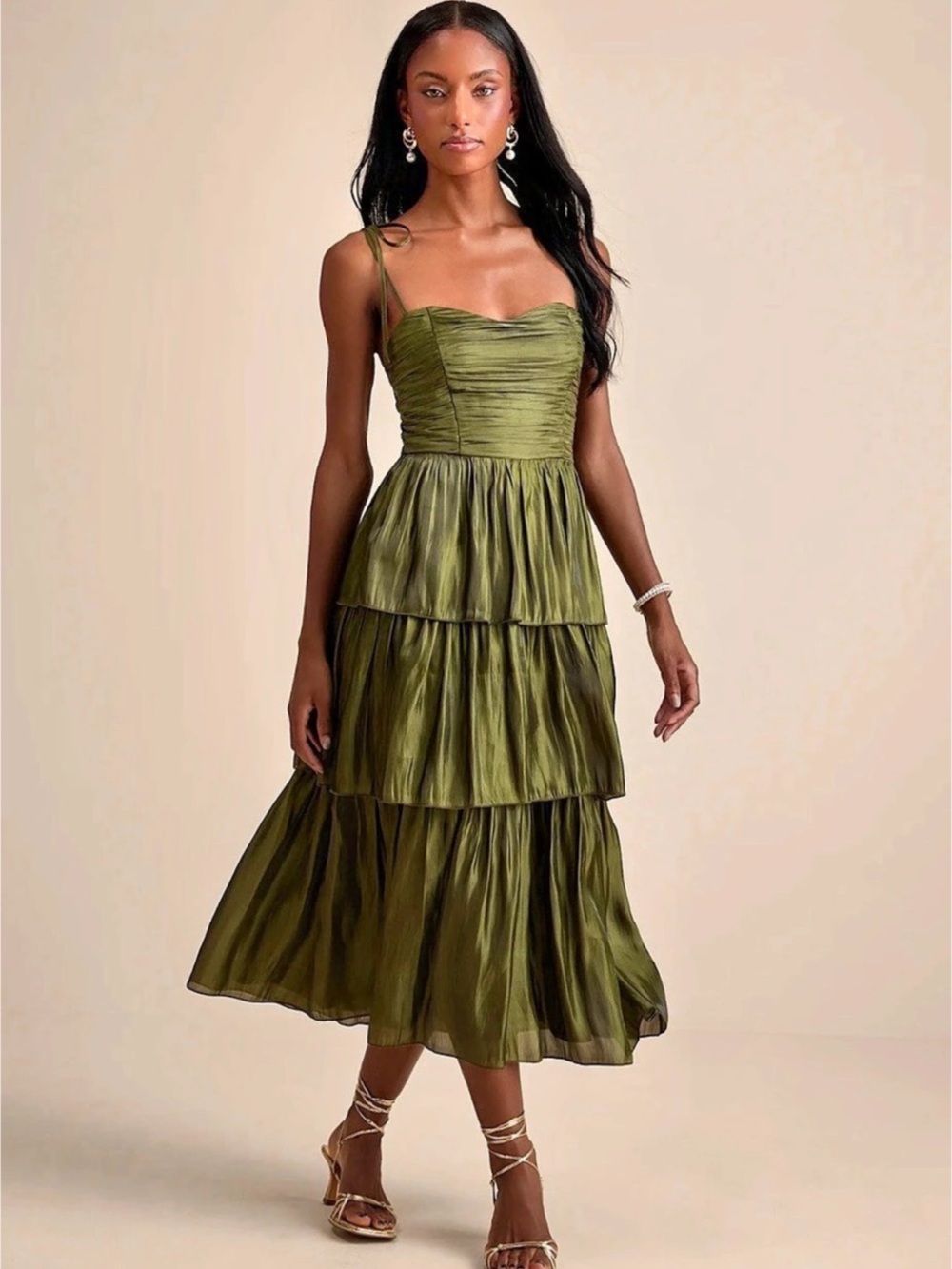 Lulus Olive Green Plisse Tiered Midi Dress